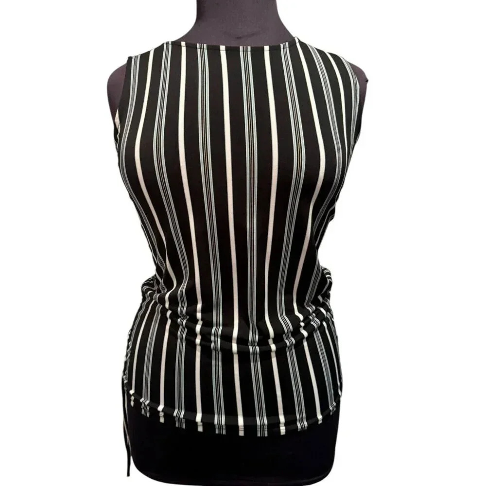 ANN TAYLOR Blouse medium Striped Sleeveless‎ Ruched Drawstring Women's stretch